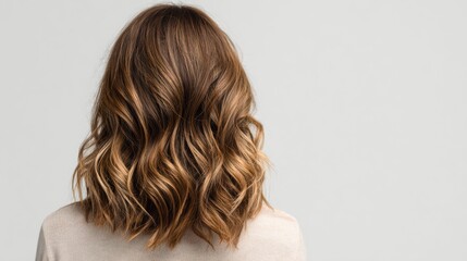 Naklejka premium Rear view portrait, wavy hair with golden and bronze hues, natural healthy look, low shine, simple top, plain white background, photorealistic, minimal styling