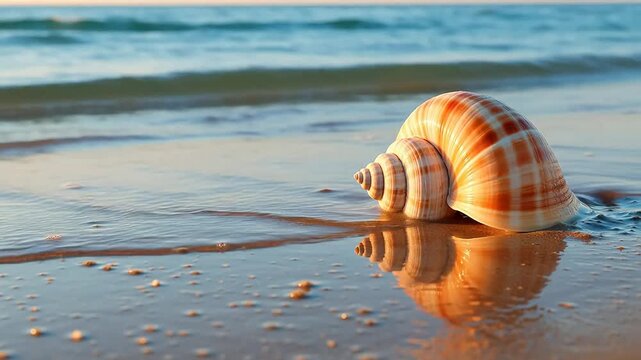 Seashell on wet sandy beach perfect for scenic backgrounds and natural storytelling