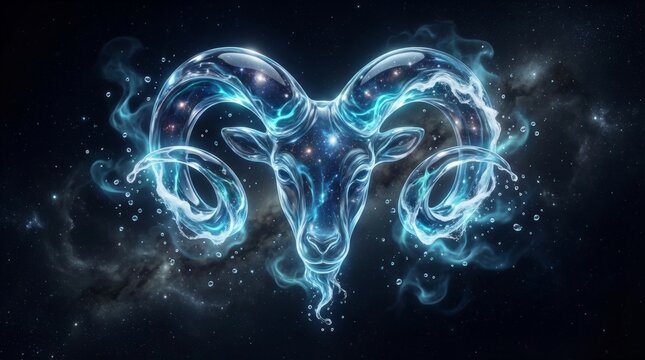 Elegant ram head glows in cosmic blue energy. Stars swirl around its curved, radiant horns. Dark space background enhances mystical aura. Ideal for astrology, fantasy, or spiritual themes