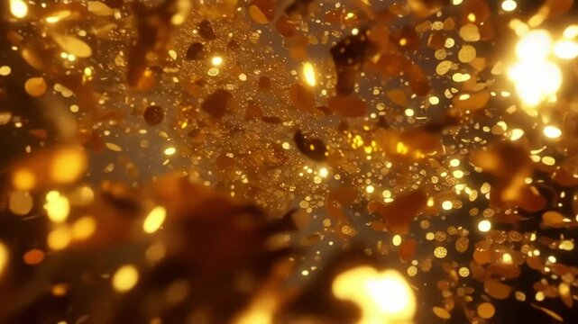 A festive golden holiday background featuring bright bokeh lights and glittering xmas decorations creates a shiny, defocused glow for a celebratory sparkle Cinematic gold abstract background video
