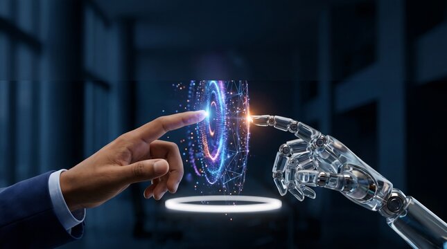 Conceptual close-up of human and robot hands connecting with a futuristic digital interface, symbolizing AI partnership and technological innovation.