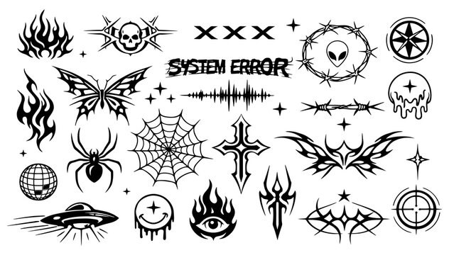 Cyber Y2K Symbol Set with Flames, Alien, Butterfly, Spider and Graphic Silhouette Icons