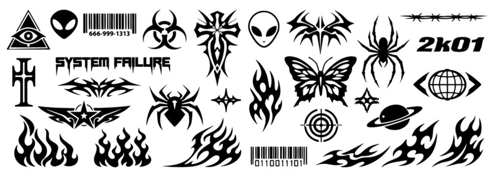 Cyber Y2K Symbol Set with Alien, Biohazard, Flames, Butterfly and Spider Silhouette Icons