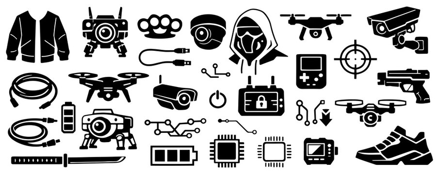 Cybersecurity and Surveillance Black Silhouette Icon Set with Tactical Gear, Drones and Electronics