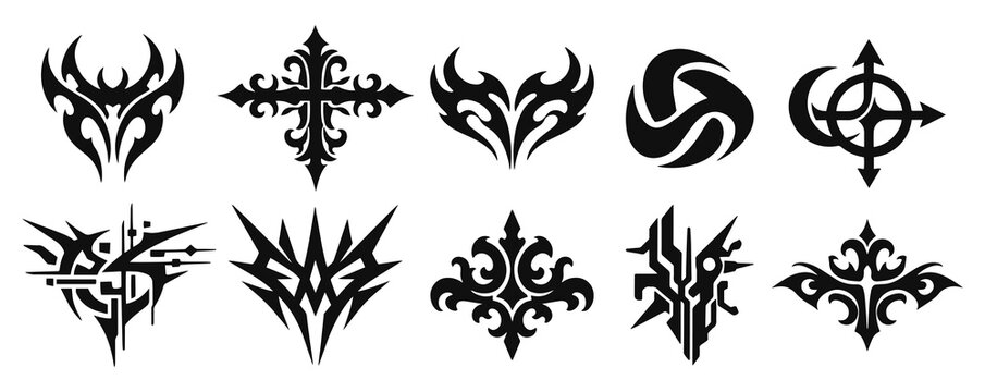 Dark Fantasy RPG Skill, Cyber Sigilism and Neo-Tribal Graphic Elements Set for Streetwear and Branding