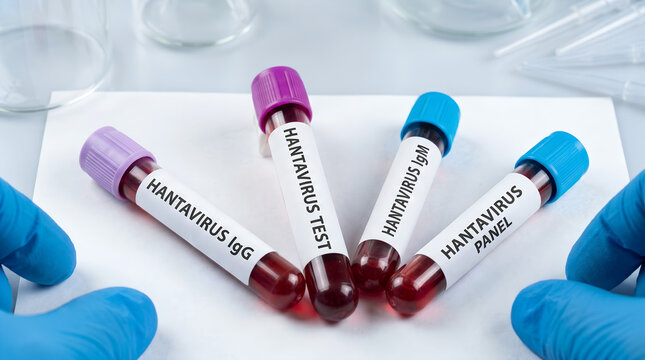Medical professional holding a Hantavirus blood test panel with IgG and IgM samples for laboratory diagnosis.