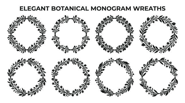 Elegant botanical monogram wreaths on white background for design