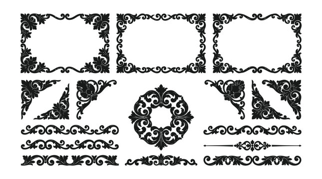 Black ornate floral border and frame elements isolated on white background