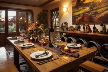 Obraz premium Warm and inviting dining space featuring a wooden table set for dinner with wine barrels
