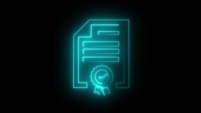 Neon Patent icon isolated on black background. HD Video motion graphic animation, a neon-style illustration of a certificate or document. The illustration is outlined in a bright blue glow.4k motion .
