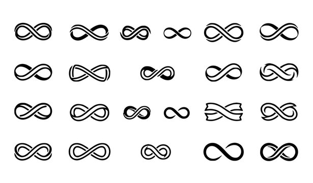 Infinity symbol logos vector set with black contour endless loop and cyclic abstract designs isolated on white background