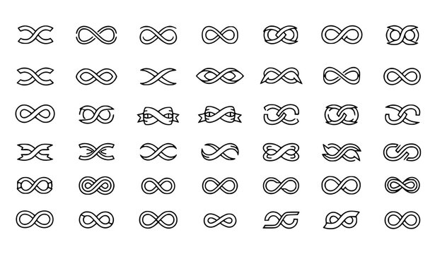 Infinity logo vector collection with black contour endless loop and abstract cyclic symbols isolated on white background