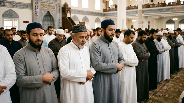 Muslim men standing in a row praying inside a mosque during ramadan