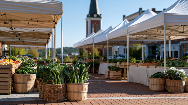 Wide shot of summer farmers market in small midwestern town square, canopy stalls loaded with seasonal produce, community commerce, weekend gathering, local food economy, agricultural tradition, out