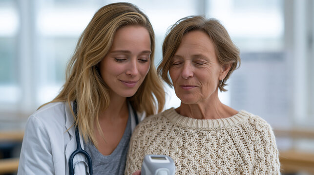 Recovery physiotherapist guiding post-covid female patient through breathing resistance exercises using spirometry device in bright rehabilitation gymnasium, progress measurement chart mounted on wa