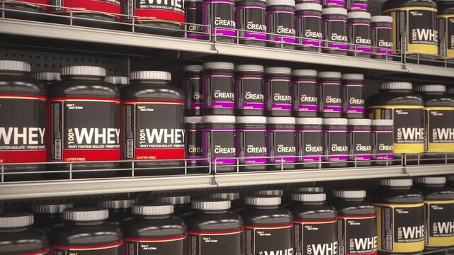 Sport nutrition. Cans and bottles with sport food, whey protein and energy supplements on a shelf