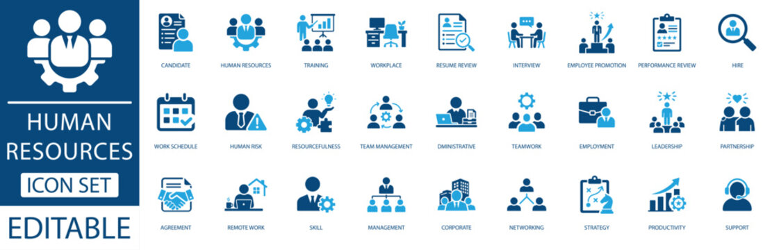 Human resources icon set. featuring recruitment, leadership, teamwork, and employee management elements in blue flat style for corporate business and workforce