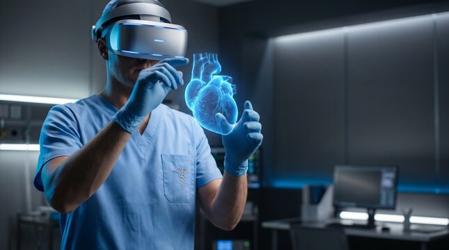 Medical professional using VR headset to analyze holographic heart, showcasing future healthcare technology in a modern lab.