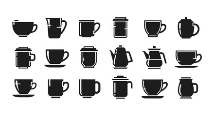 Obraz premium Drinkware and beverage containers icons on coffee cups mugs teacups and teapots vector set various porcelain and ceramic vessels