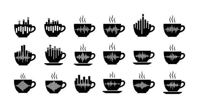 unique collection of coffee cup icons creatively designed with sound wave graphics and equalizer bars for music and audio related themes