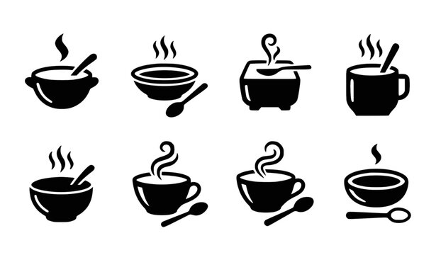 Hot soup bowl silhouette icon set with spoon and steam for restaurant food menu vector collection