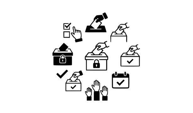 Election voting ballot box icon collection with solid and outline symbols for poll and democracy concept