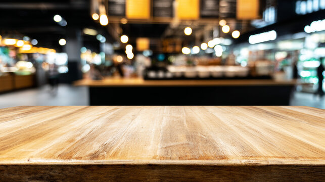 Empty wooden tabletop providing a clean platform. Blurred cafe background with customers, counters, and warm ambient lighting