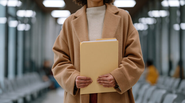 Anxious mother grips manila folder of IEP documents in school district office waiting area, fluorescent overhead lighting, rows of plastic chairs, gifted program denial paperwork visible, educationa