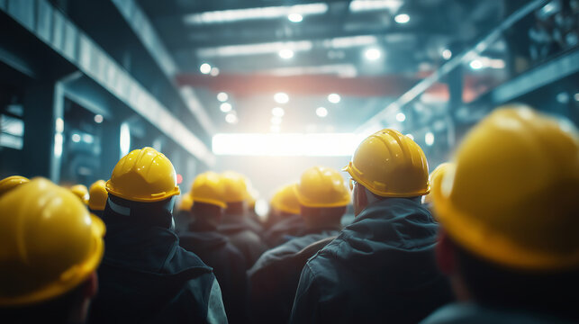 Group of employees standing together, wearing protective headgear in a large industrial plant, symbolizing progress and teamwork