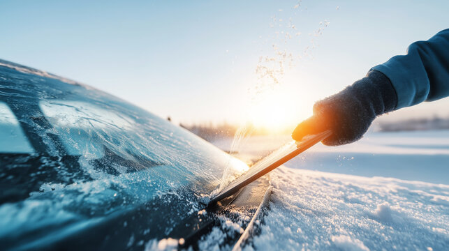 Person's gloved hand scraping ice from a car windshield during sunrise, preparing for a drive in freezing conditions