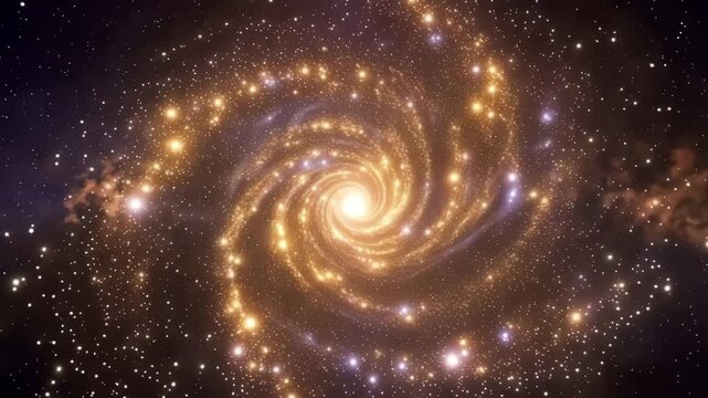 An abstract blue spiral galaxy swirls through the dark cosmos, creating a glowing vortex of stars and light within a cosmic universe Cinematic gold abstract background video