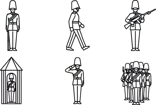 British Royal Guard Vector Icon Set Featuring King's Guard Soldiers in Bearskin Hats Performing Salutes Marching and Standing Sentry Duties for United Kingdom London Tourism Designs
