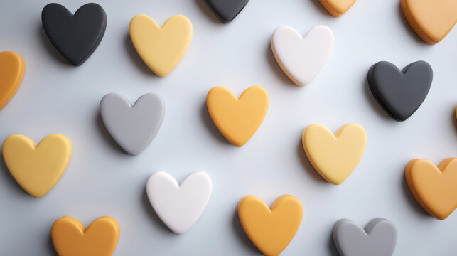 Heart shapes in yellow, orange, black, white, and gray forming a repeating pattern on a soft background, representing affection