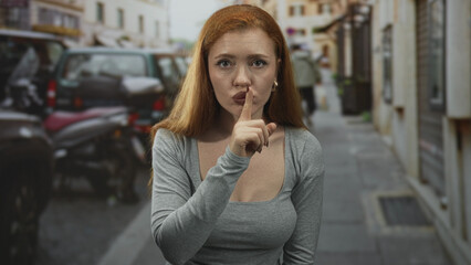 Young redhead woman with finger to lips for silence on a narrow urban street, grey shirt showing face and gold hoop earring  quiet secrecy. © Krakenimages.com