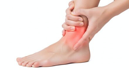 Fototapeta premium Closeup of a person holding their painful swollen ankle isolated on white background