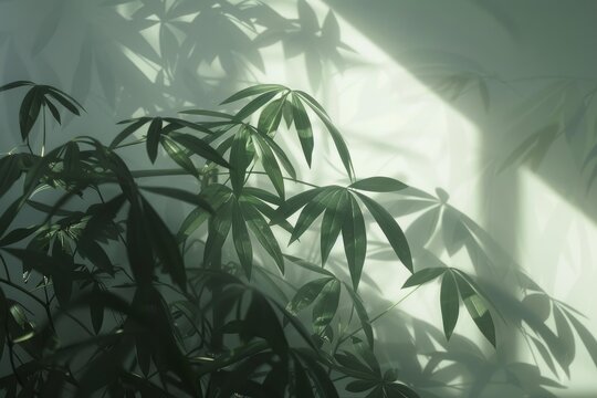 Sunlight creates beautiful shadows of schefflera plant leaves on a light green wall, showcasing the interplay of light and nature
