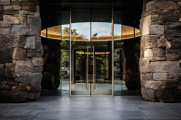 Obraz premium Contemporary architecture blending natural stone with sleek transparent glass creating a welcoming entryway