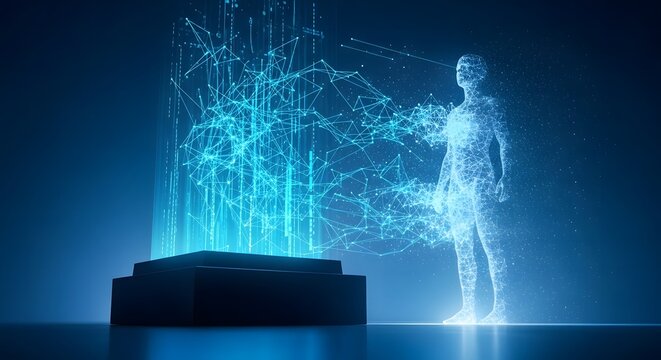 Futuristic human figure made of glowing blue lines and points standing next to a pedestal
