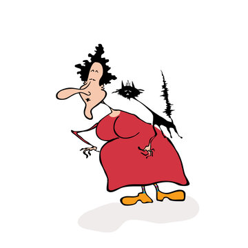 Opinionated nosy neighbor woman with a black cat, curious and interfering lady, cartoon vector illustration. Bossy senior woman with her cat, eavesdropping and involved in neighborhood gossip.