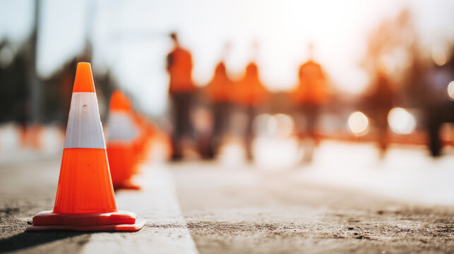 Traffic cone marking a road construction zone with blurred workers, symbolizing safety and urban infrastructure work