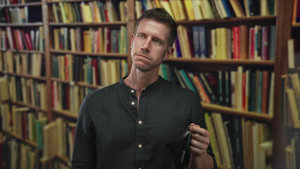 Man holding car key near tall bookshelves inside library, smiling with eyes closed  contentment achievement success. © Krakenimages.com