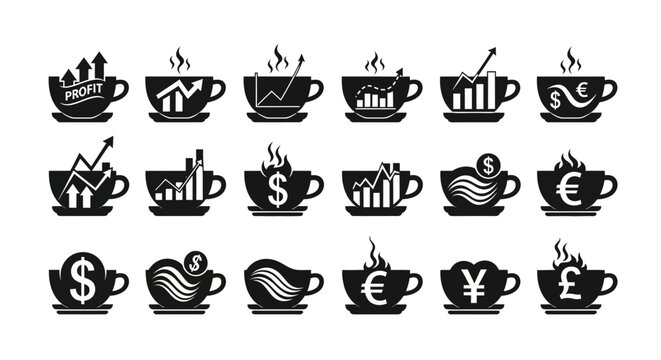 Profitable business cup icons with graphs, currency symbols, and rising arrows representing financial growth, investment, and economic trends
