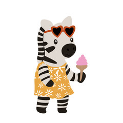 Cute Zebra Girl in Yellow Floral Dress with Heart Sunglasses and Ice Cream, Summer Character © Marina