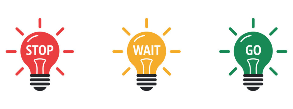 Stop wait and go icon set with colored traffic light bulbs green yellow red symbols and letter indicators for road safety management guidance and transportation control signage design vector