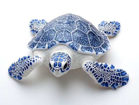 Blue and white ceramic turtle with intricate shell pattern on white background.