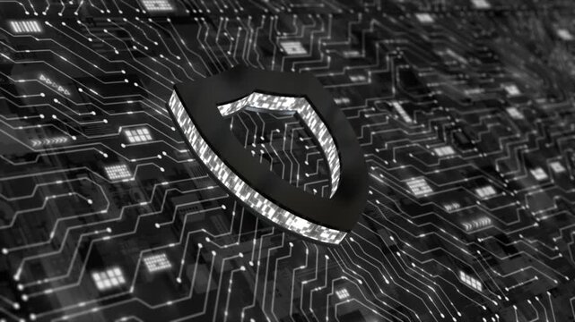 Animated white color data protection microchip glowing data transfer cyber security 3d shield hi tech design black technology background