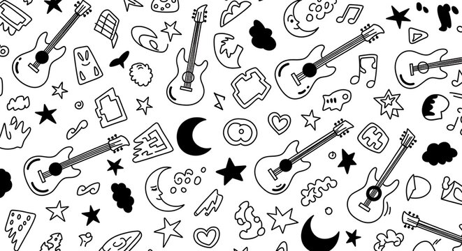 Whimsical hand drawn doodle pattern with guitars, music notes, moons, and stars, black and white design for creative expression.