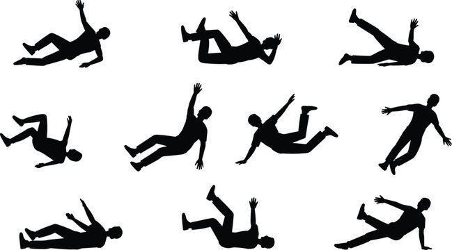 Falling man silhouettes, person stumbling downward, black male figure accident, gravity failure action, tumbling people