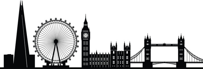 London England City Skyline Silhouette, Famous Landmarks Big Ben, Tower Bridge, London Eye, The Shard, Urban Cityscape, Isolated, Black. © MstTanzina