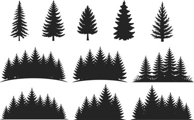 Pine tree silhouettes, evergreen forest collection, coniferous spruce icons, fir wood landscape elements, nature wilderness shapes © MstTanzina
